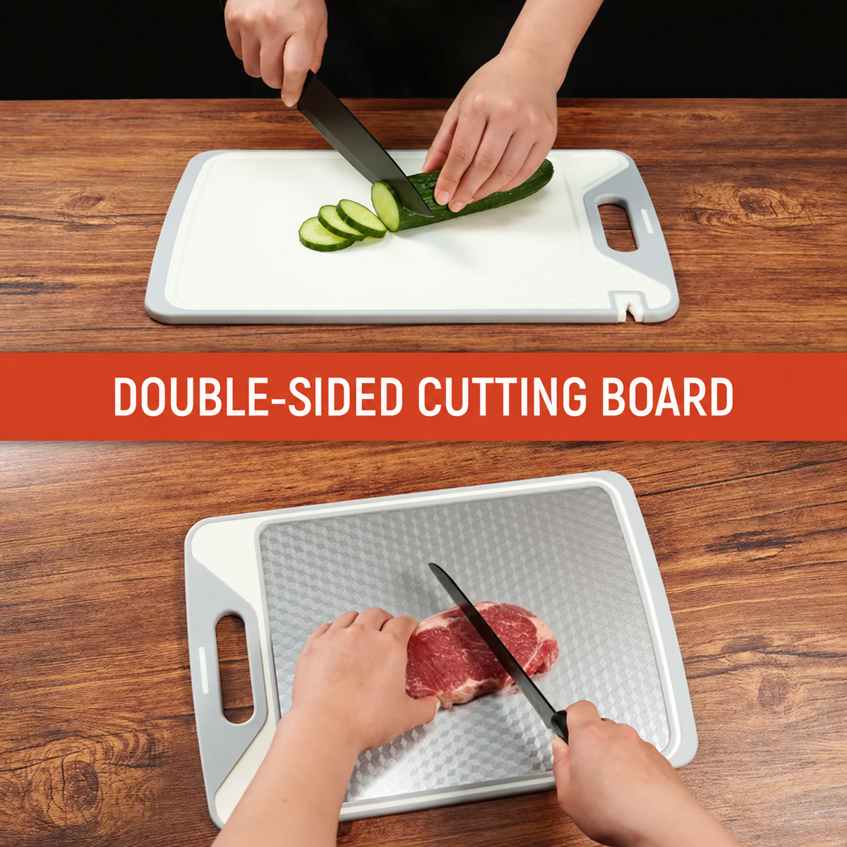 2-in-1 Double-Sided Cutting Board – Stainless Steel & PP, Separate Meat & Veggie Prep Surfaces, Built-In Garlic Grinder, Deep Juice Groove & Easy-Clean Design