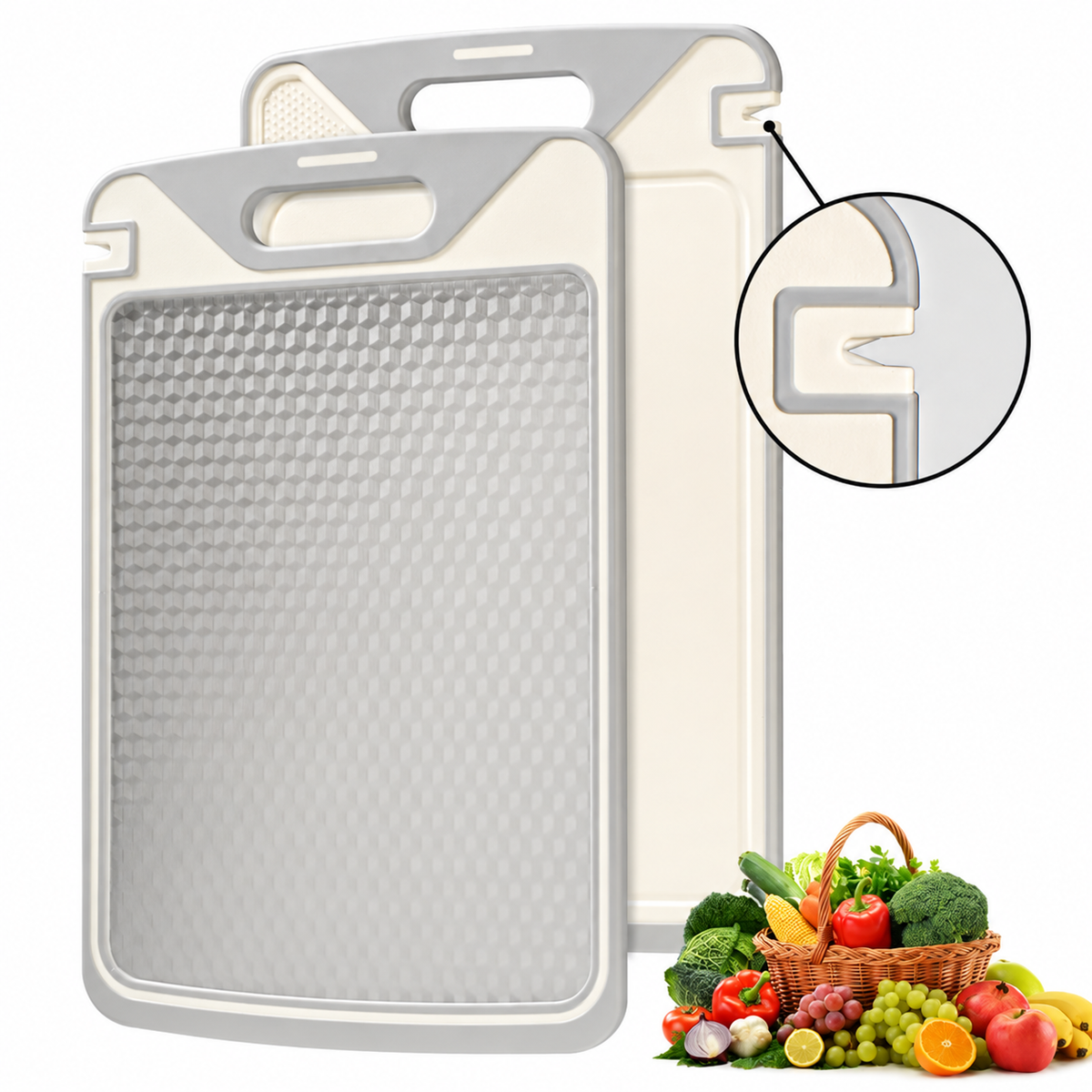 2-in-1 Double-Sided Cutting Board – Stainless Steel & PP, Separate Meat & Veggie Prep Surfaces, Built-In Garlic Grinder, Deep Juice Groove & Easy-Clean Design