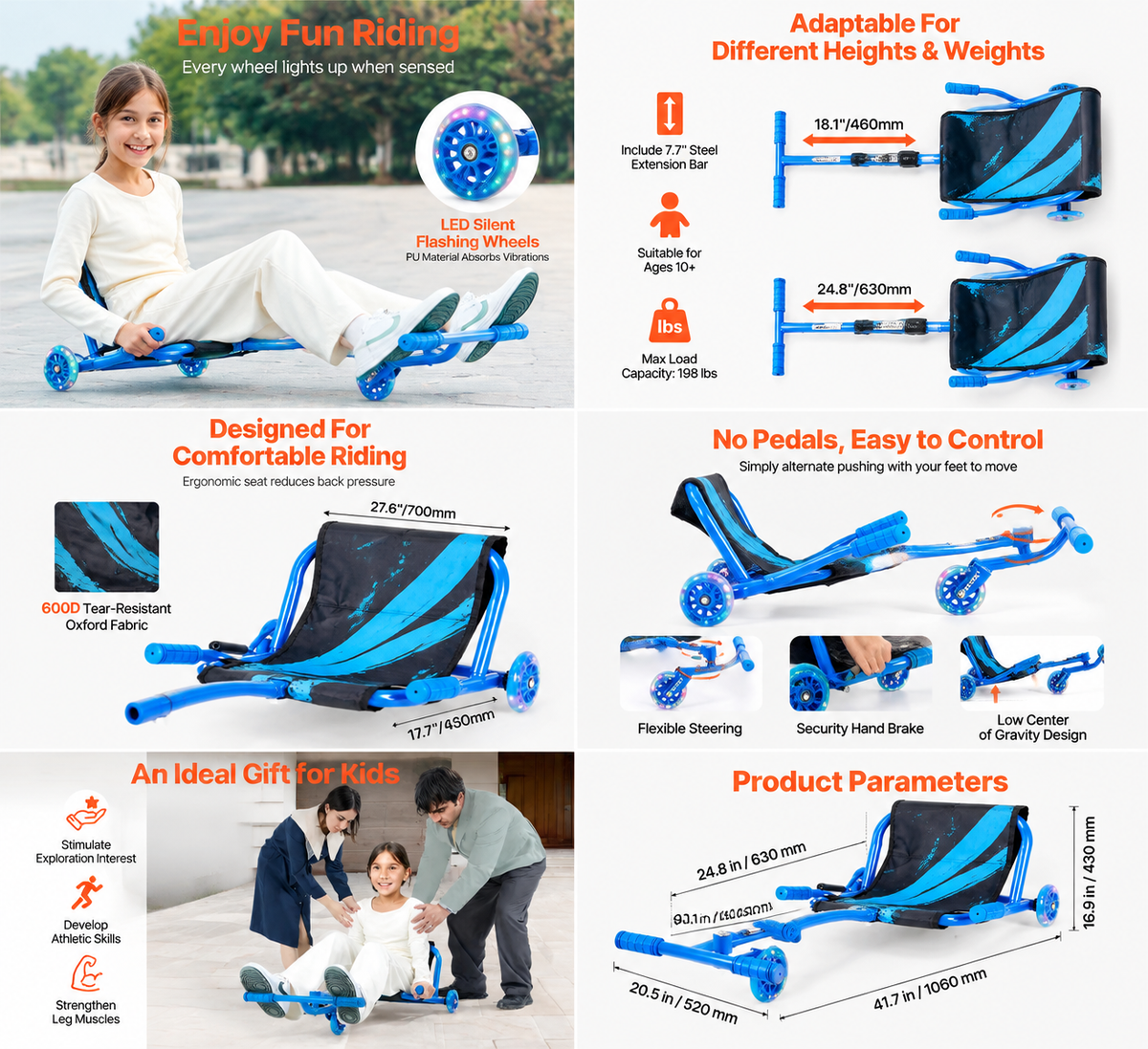 🛴 Kids' Swing Scooter – Adjustable Steel Wiggle Scooter, Hand Brake, 150 LB Capacity, Ages 4+ 🎁