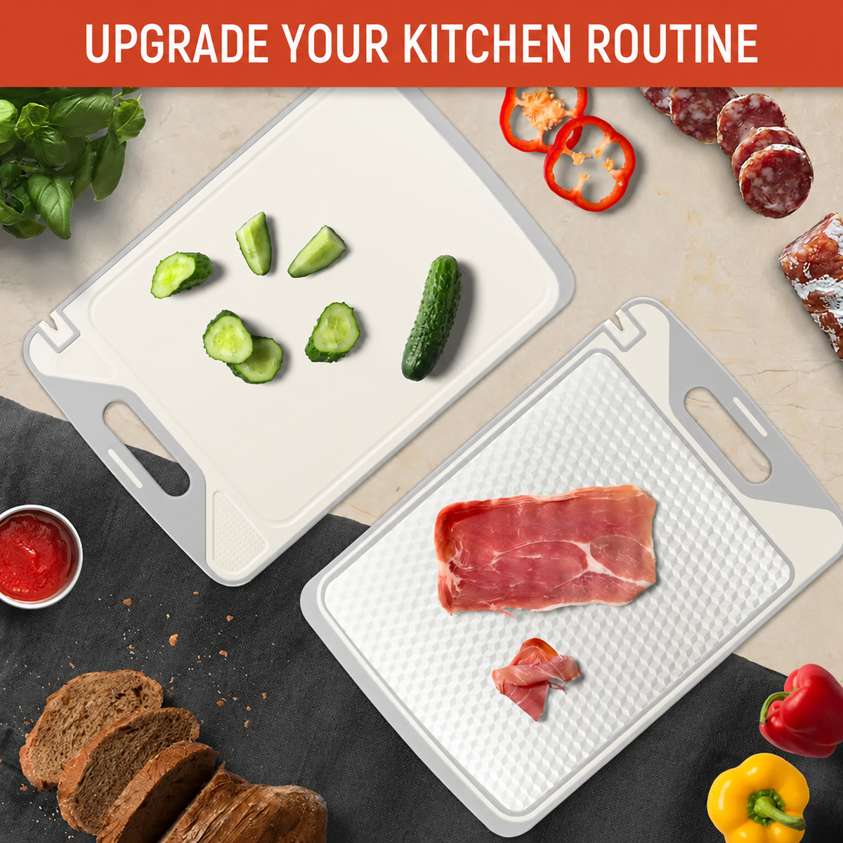 2-in-1 Double-Sided Cutting Board – Stainless Steel & PP, Separate Meat & Veggie Prep Surfaces, Built-In Garlic Grinder, Deep Juice Groove & Easy-Clean Design
