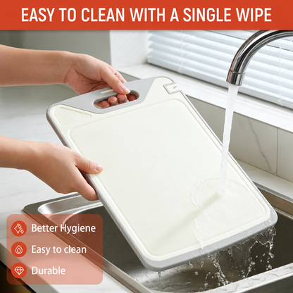 2-in-1 Double-Sided Cutting Board – Stainless Steel & PP, Separate Meat & Veggie Prep Surfaces, Built-In Garlic Grinder, Deep Juice Groove & Easy-Clean Design