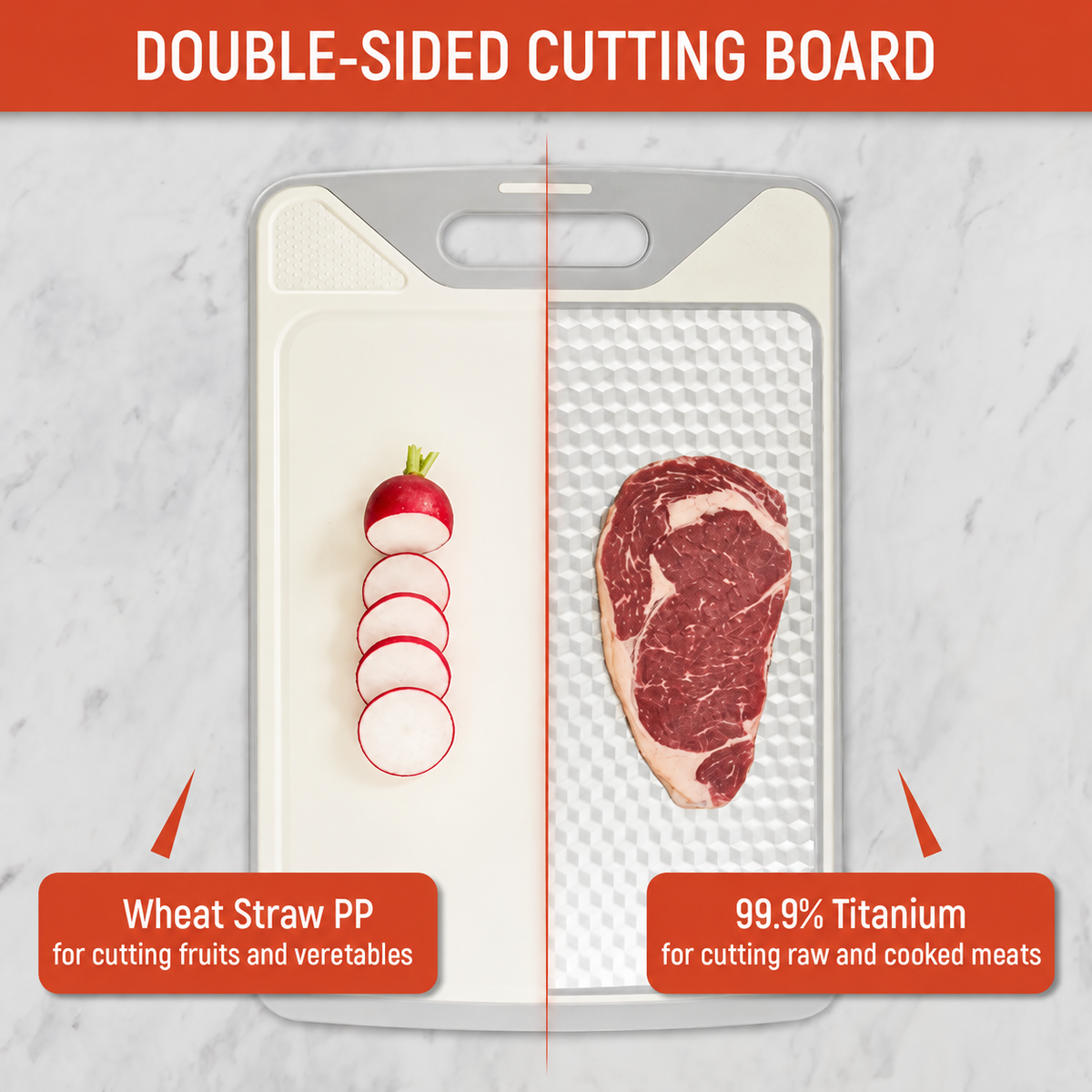 2-in-1 Double-Sided Cutting Board – Stainless Steel & PP, Separate Meat & Veggie Prep Surfaces, Built-In Garlic Grinder, Deep Juice Groove & Easy-Clean Design
