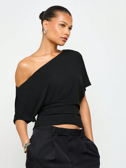 Women One Shoulder Batwing Sleeve Crop Top Asymmetrical Off‑Shoulder Ruched Waist Solid Casual Going‑Out Tops