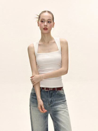 Women’s Square Neck Wide‑Strap Cami Tank Top, Side Ruched Slim‑Fit Sleeveless Vest, Elegant Basic Layering Top for Daily Wear