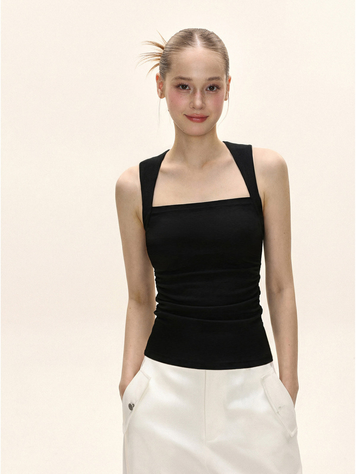 Women’s Square Neck Wide‑Strap Cami Tank Top, Side Ruched Slim‑Fit Sleeveless Vest, Elegant Basic Layering Top for Daily Wear