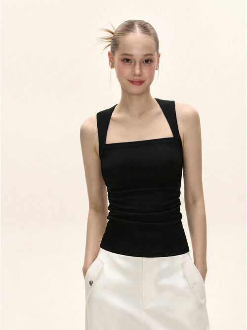 Women’s Square Neck Wide‑Strap Cami Tank Top, Side Ruched Slim‑Fit Sleeveless Vest, Elegant Basic Layering Top for Daily Wear